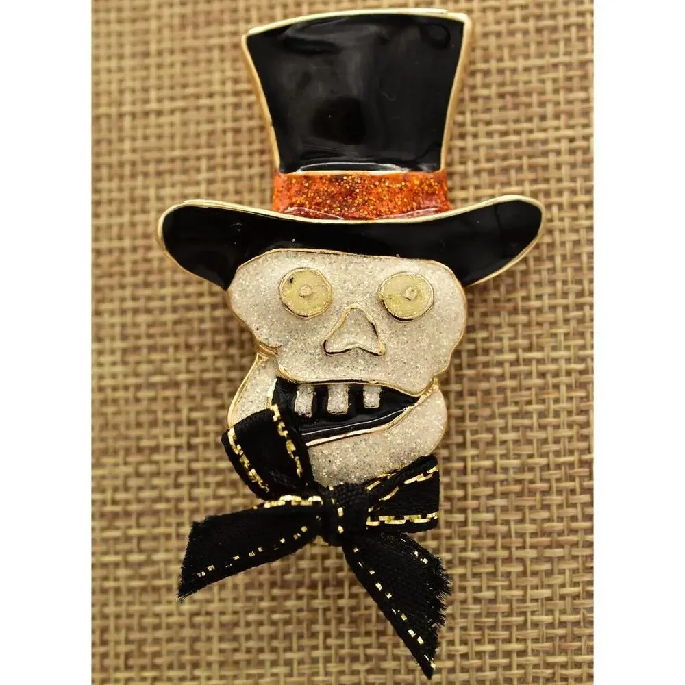 Vintage Halloween Skull Pin Brooch Skeleton Top Hat Glitter Enamel Chunky BinBA
